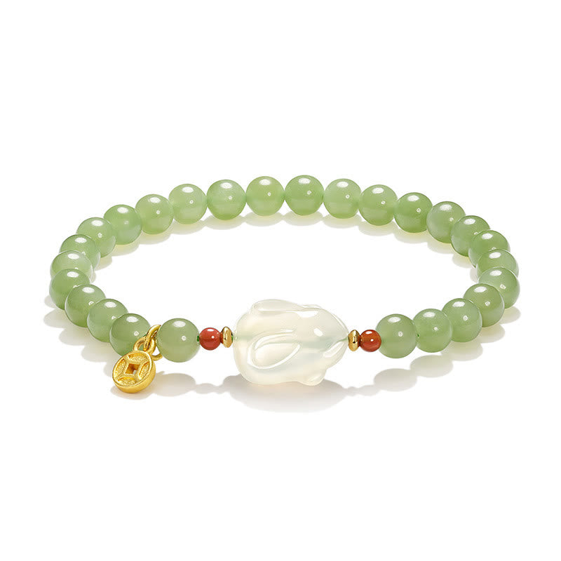 Natural Hetian Jade Agate Rabbit Copper Coin Luck Bracelet