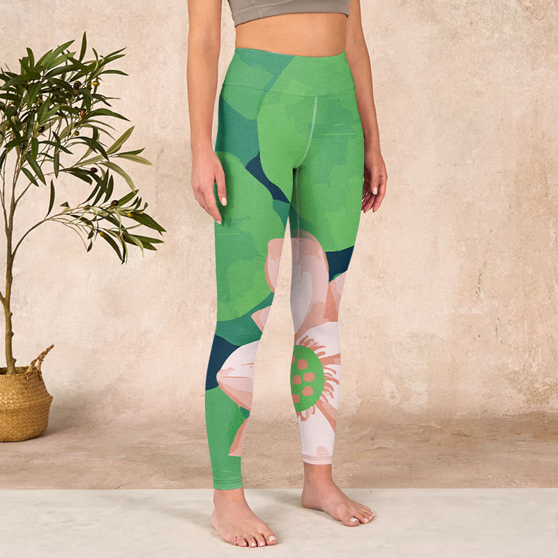 Green Lotus Flower Leaf Print Sports Fitness Leggings Women's Yoga Pants