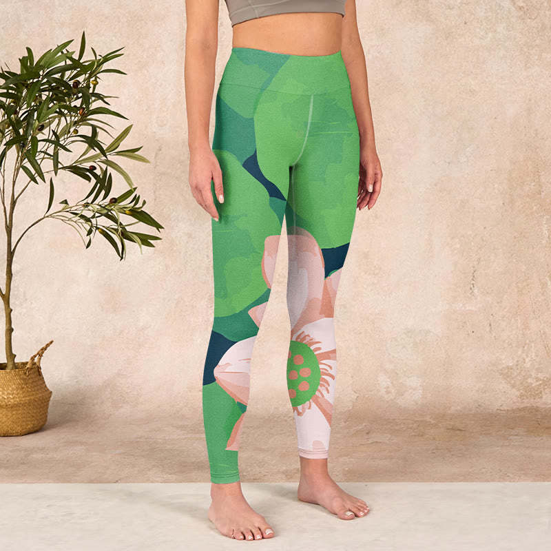 Green Lotus Flower Leaf Print Sports Fitness Leggings Women's Yoga Pants