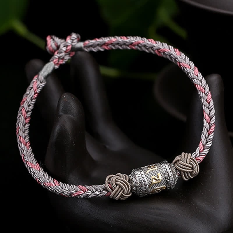 925 Sterling Silver Om Mani Padme Hum Prayer Wheel Luck Strength Red String Bracelet