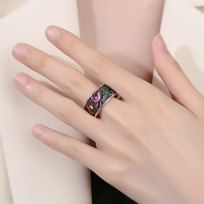 Copper Blue Enamel Lotus Heart Sutra Koi Fish Luck Ring