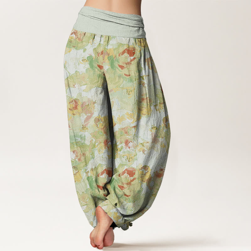 Rose Flowers Pattern Women's Elastic Waist Harem Pants