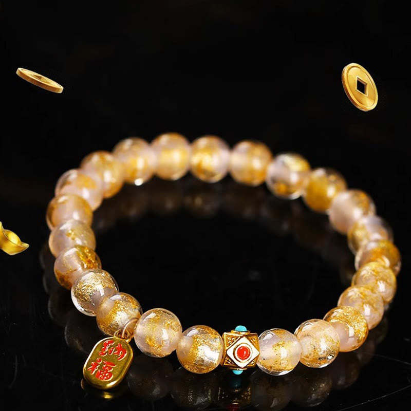 Tibetan Incense Ash Liuli Glass Bead Lucky Fortune Fu Character Charm Bracelet