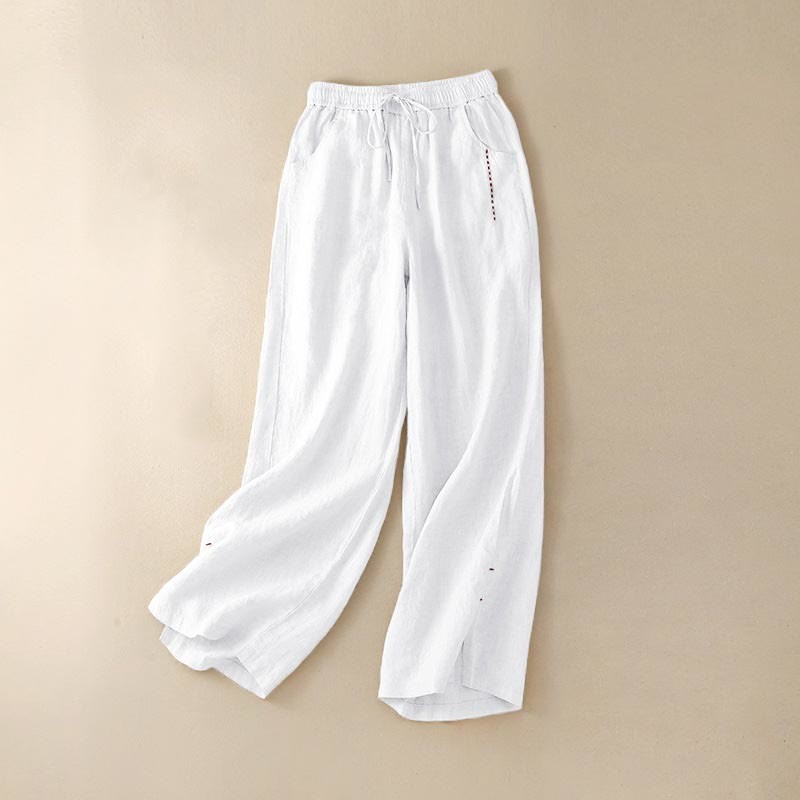 Casual Cotton High Waist Lace-up Slit Wide Leg Pants With Pockets