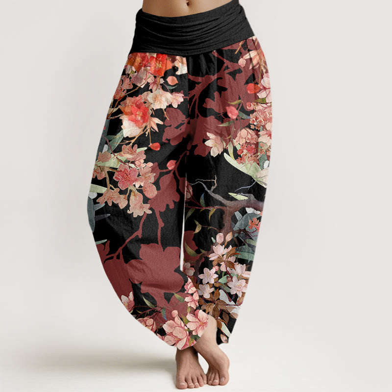 Red Pink Blooming Flowers Lush Branches Women's Elastic Waist Harem Pants