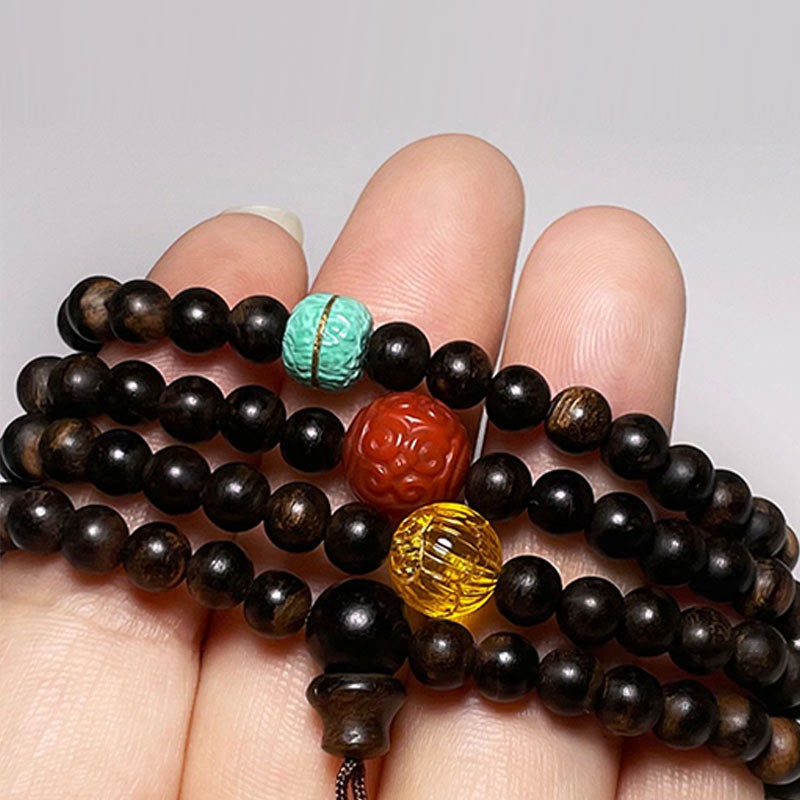 Nha Trang Bai Qinan Agarwood Turquoise Amber Red Agate Strength Meditation Bracelet