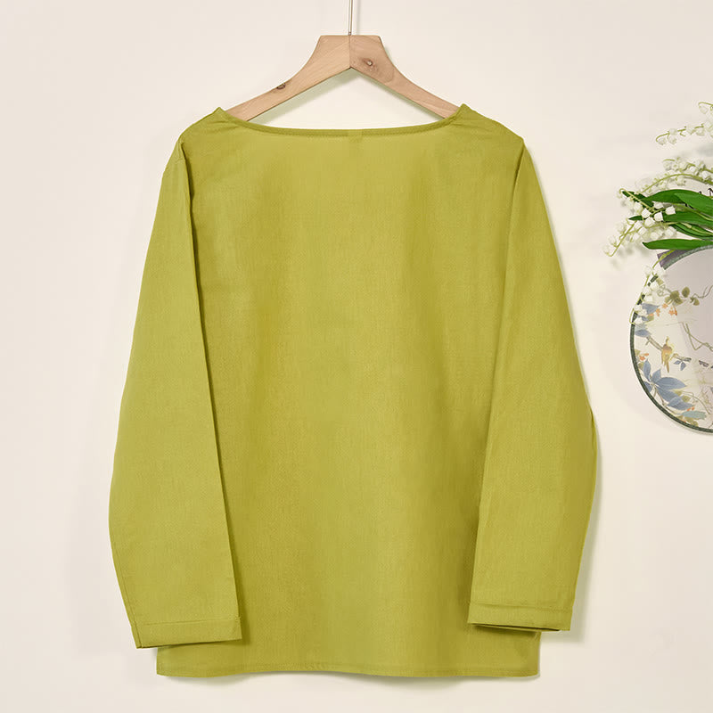 Casual Floral Long Sleeve Round Neck Shirt Cotton Linen Women's Shirts