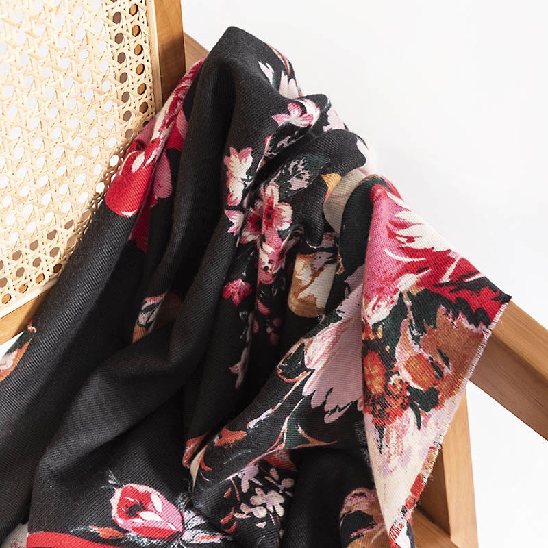 Tibetan Blooming Rose Peony Flower Print Shawl Fall Winter Cozy Warm Scarf Wrap