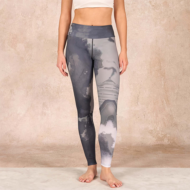 Ink Painting Mountain Pavilion Print Fitness Leggings Women's Yoga Pants