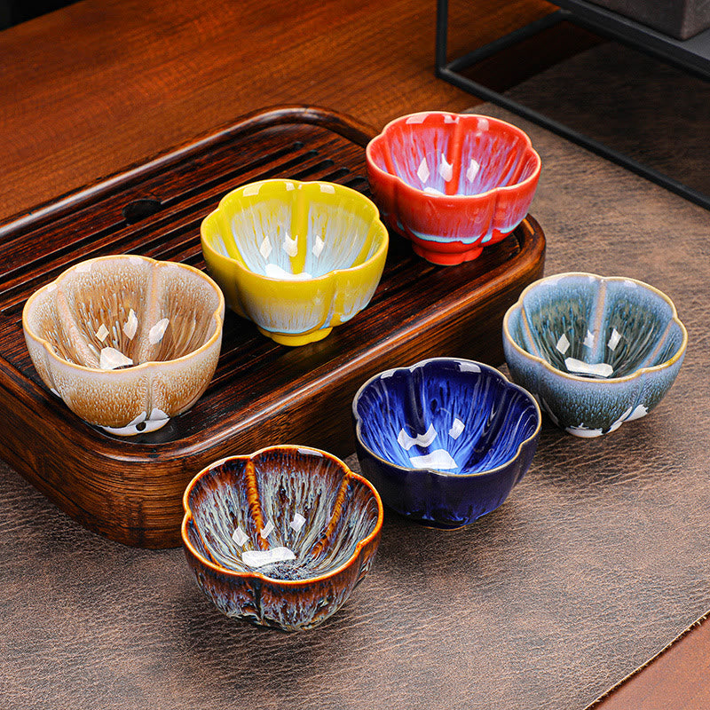 6Pcs Plum Blossom Petal Pattern Chinese Jianzhan Kiln Change Ceramic Teacup Kung Fu Tea Cup Bowl With Gift Box