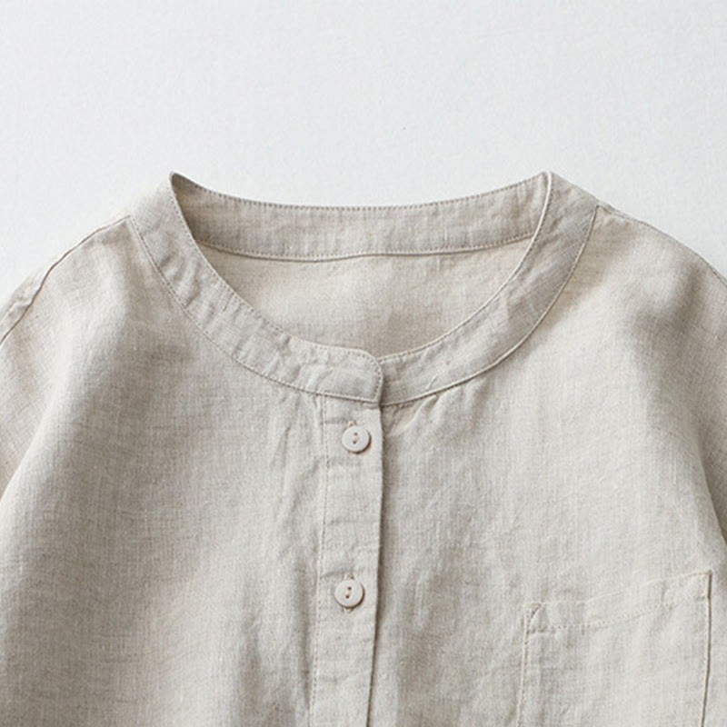 Solid Color Button Three Quarter Sleeve Cotton Linen Shirt