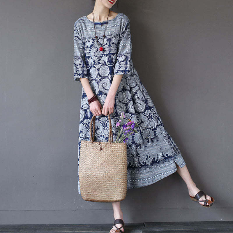 Blue White Flower Printed Button Midi Dress Three Quarter Sleeve Cotton Linen Dress With Pockets