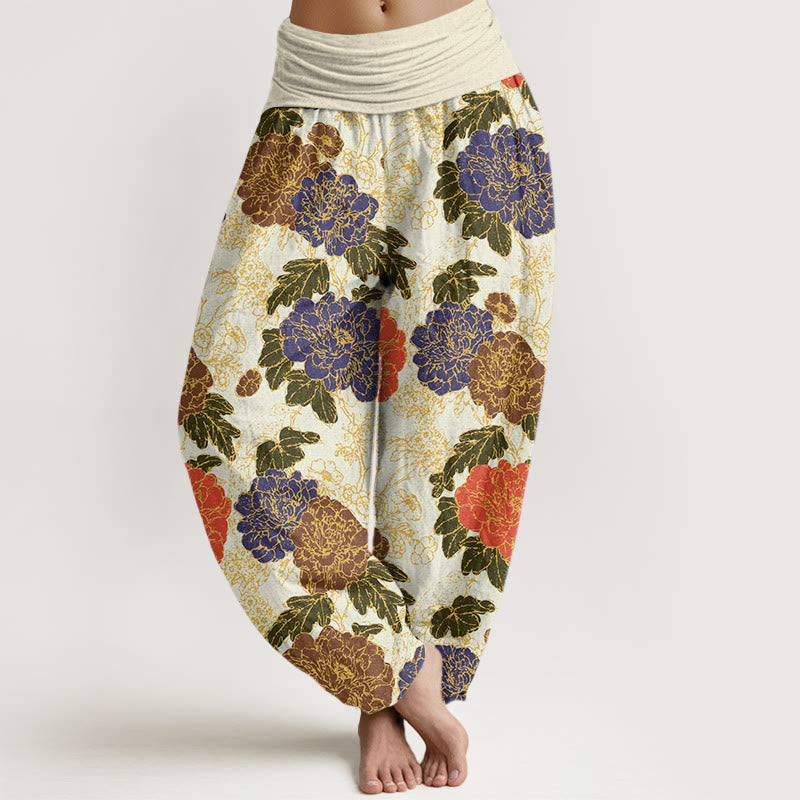 Peony Flowers Leaves Design Women's Elastic Waist Harem Pants