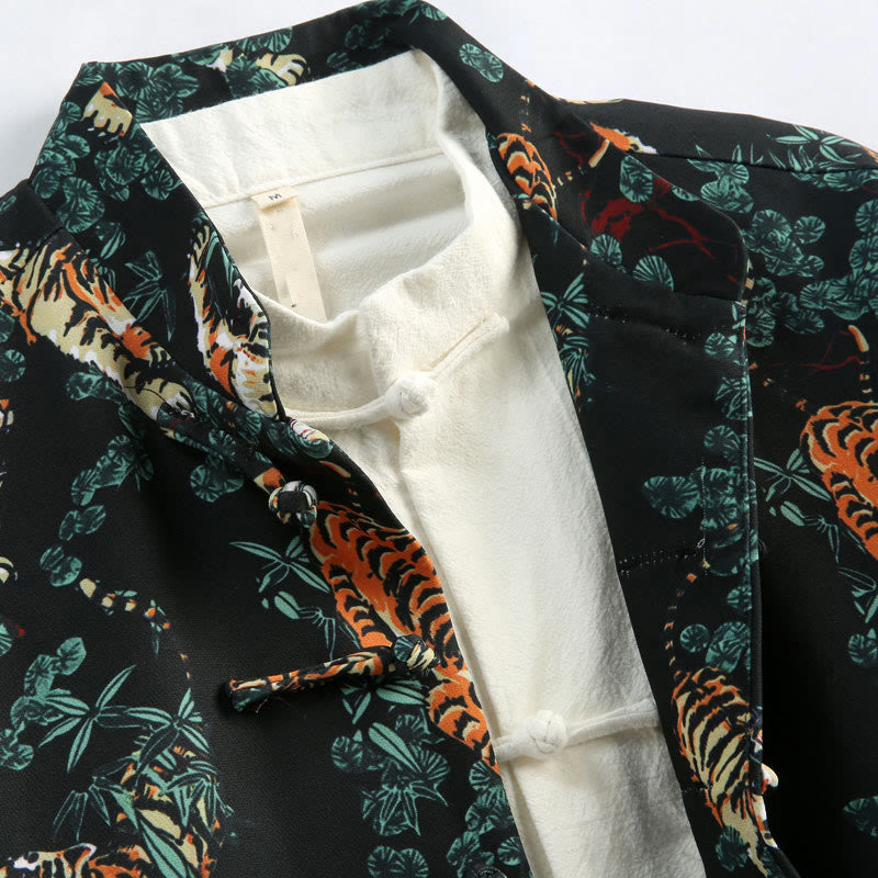 Chinese New Year Forest Tiger Red Cuff Frog-button Tang Suit Men's Jacket Shirt With Pockets