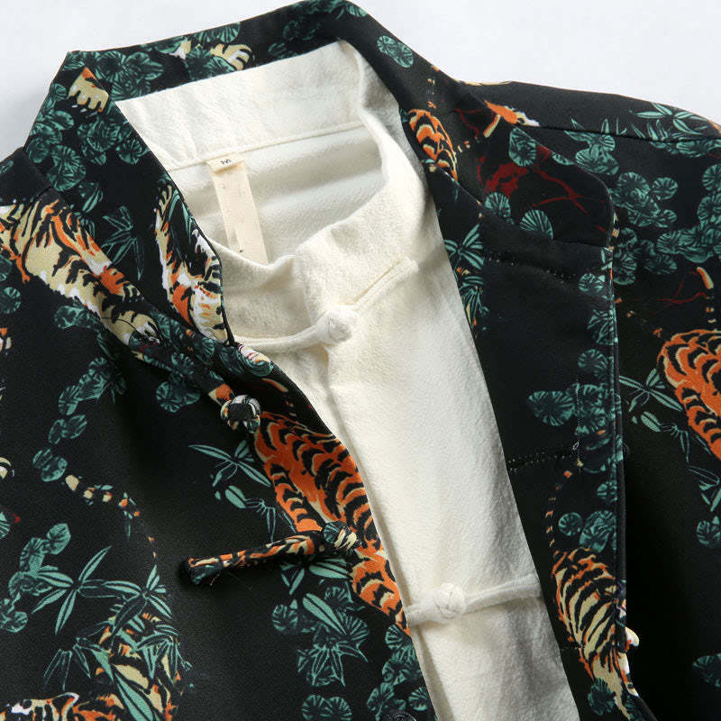 Chinese New Year Forest Tiger Red Cuff Frog-button Tang Suit Men's Jacket Shirt With Pockets