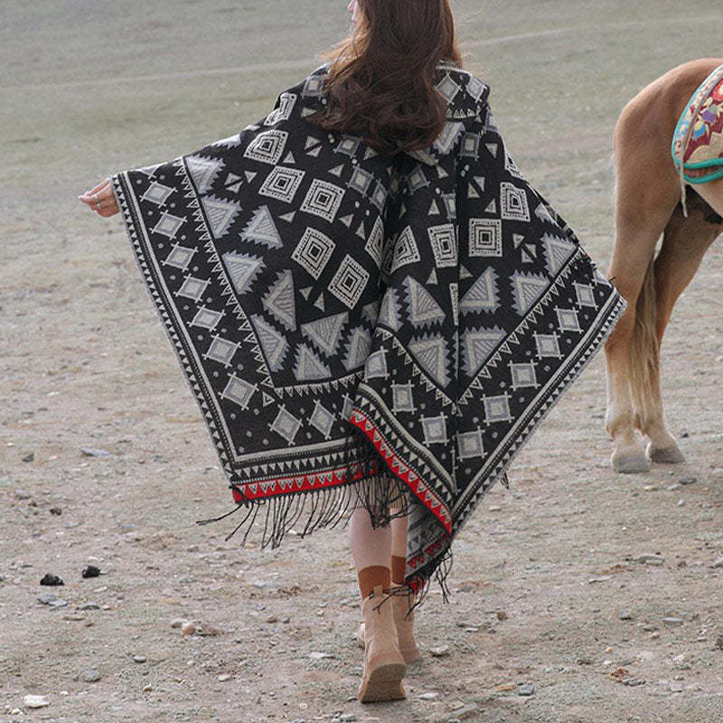 Tibetan Shawl Triangle Pattern Hooded Cloak Winter Cozy Travel Scarf Wrap