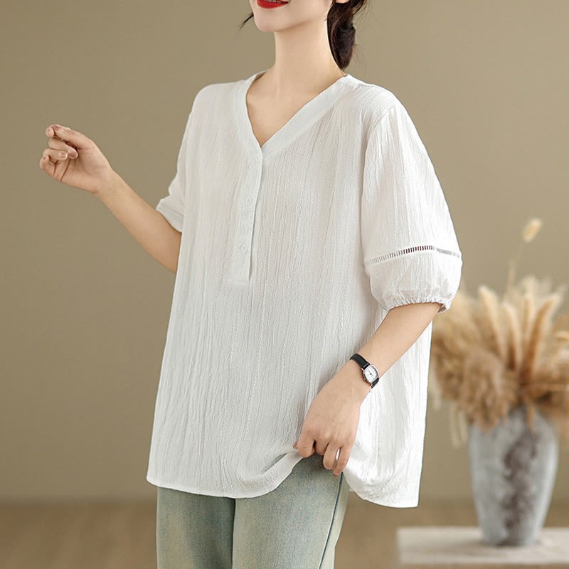 Summer Casual Pure Half Puff Sleeve Half Button V-neck Women's T-Shirt