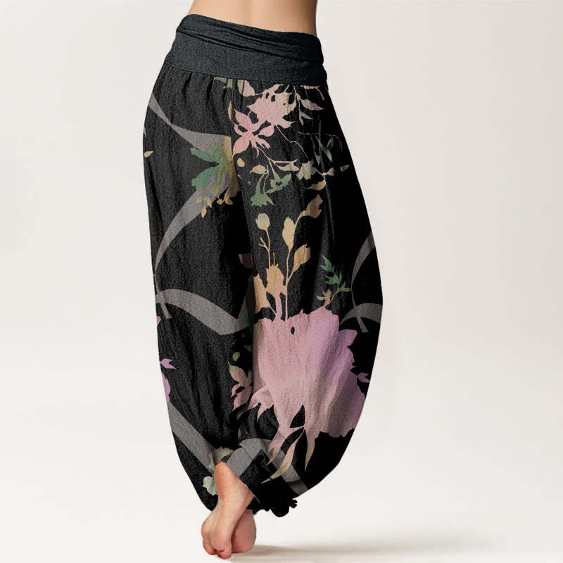 Abstract Floral Paintings Ribbon Design Women's Elastic Waist Harem Pants