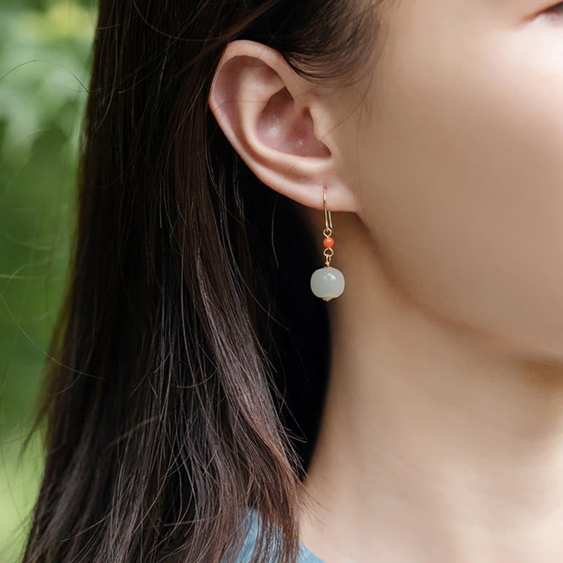 925 Sterling Silver 14K Gold Plated Hetian Jade Red Agate Luck Drop Dangle Earrings