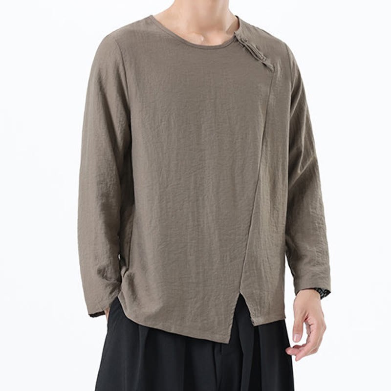 Men's Long Sleeve Round Collar Comfort Cotton Linen Shirt