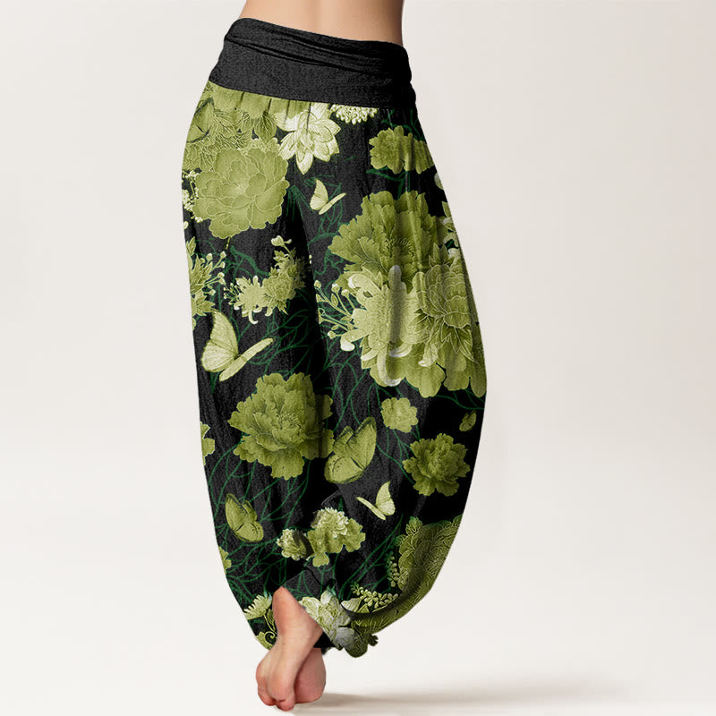 Peony Flowers Pattern Women's Elastic Waist Harem Pants