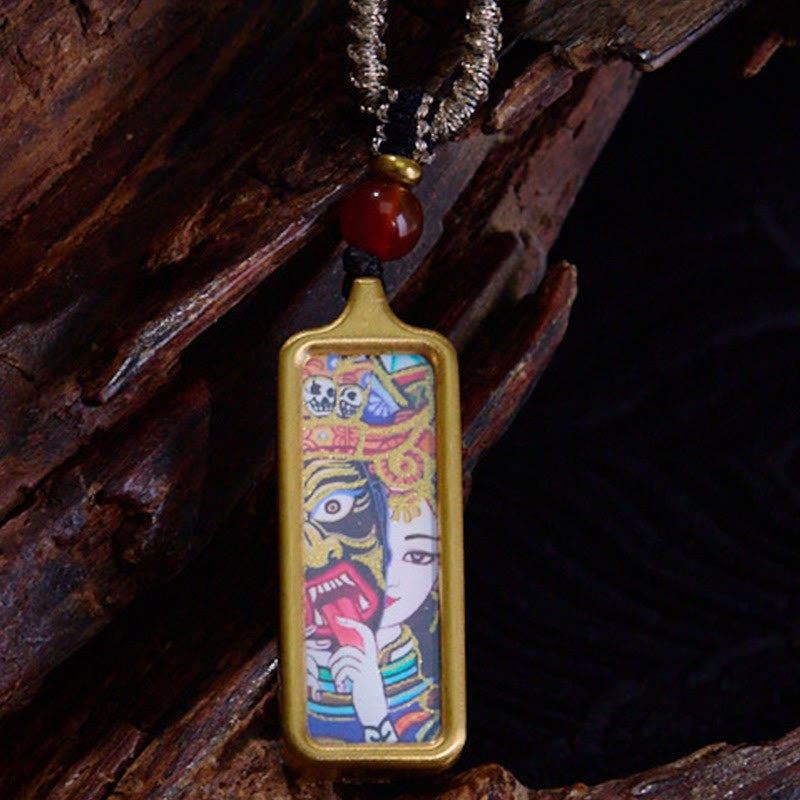 Tibet Zakiram Yellow God of Wealth Nine-Tailed Fox Hand-Painted Thangka Calm Necklace Pendant