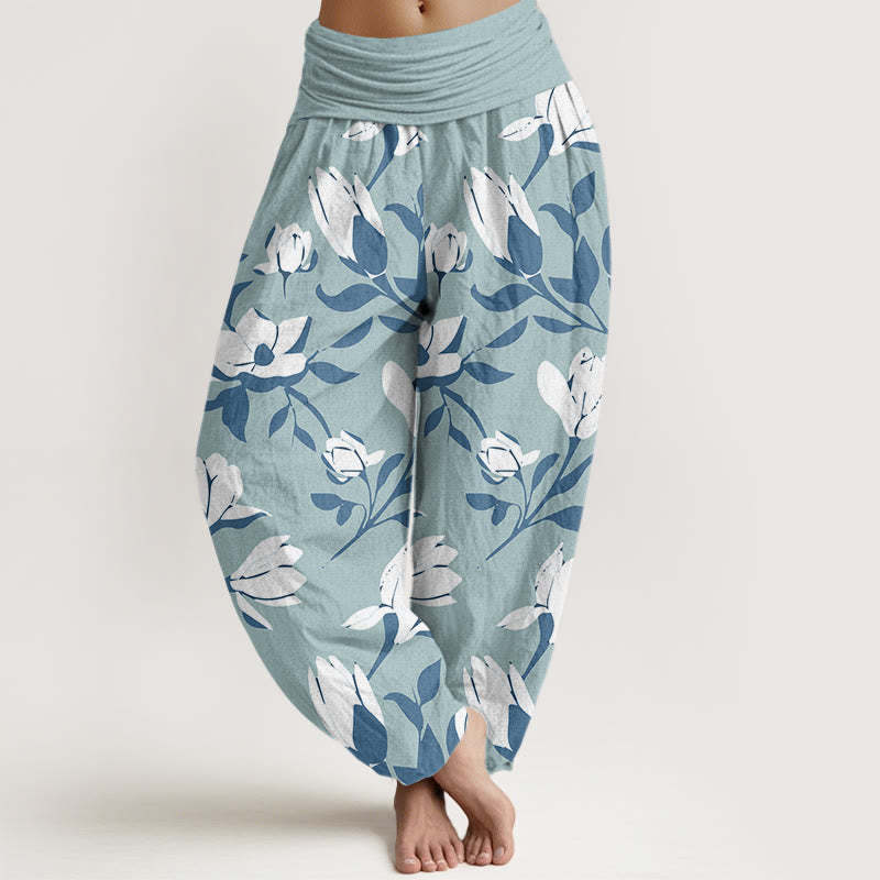 Retro Magnolia Flowers Women's Elastic Waist Harem Pants