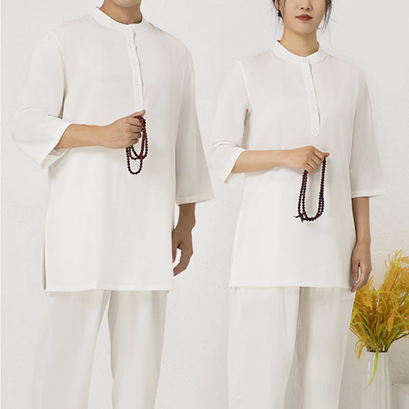 2Pcs Buttons Men's Three Quarter Sleeve Shirt Top Pants Meditation Zen Tai Chi Cotton Linen Clothing Set