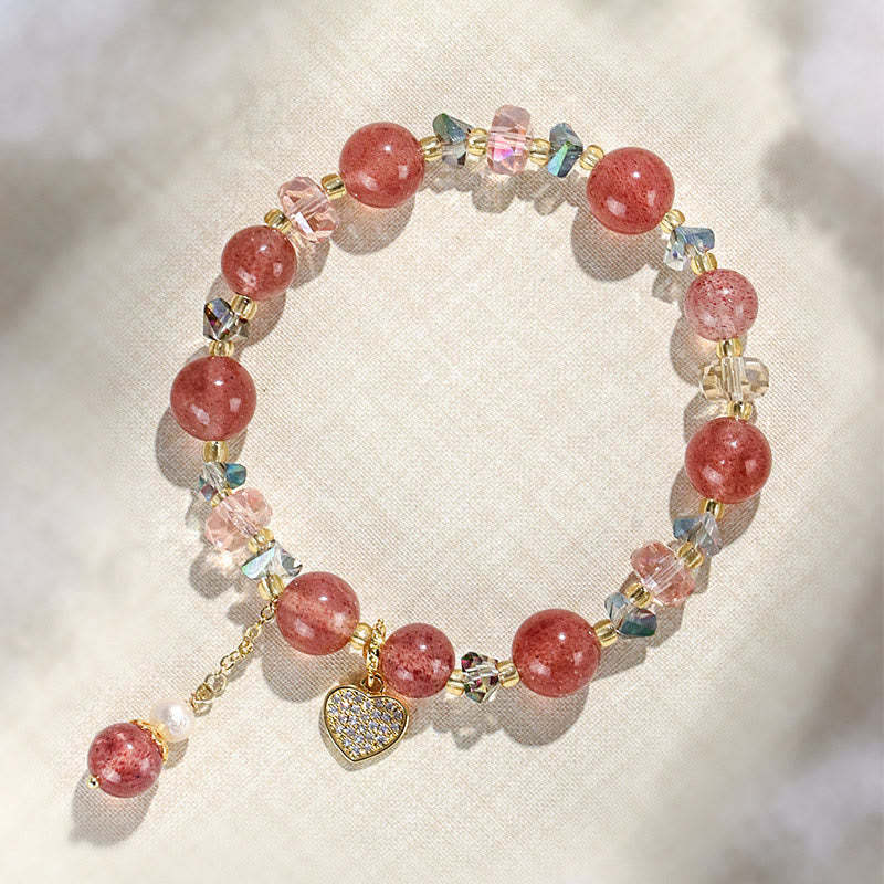 Strawberry Quartz White Crystal Pearl Liuli Heart Healing Bracelet