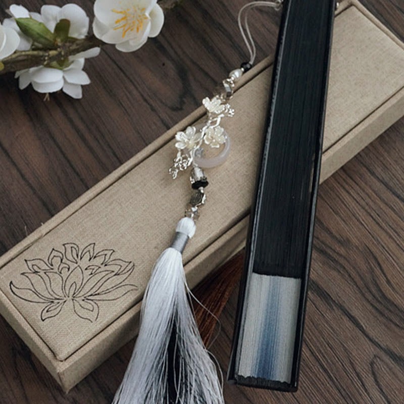 Ink Gradient Hollow Rib Plum Bossom Tassel Silk Handheld Bamboo Folding Fan