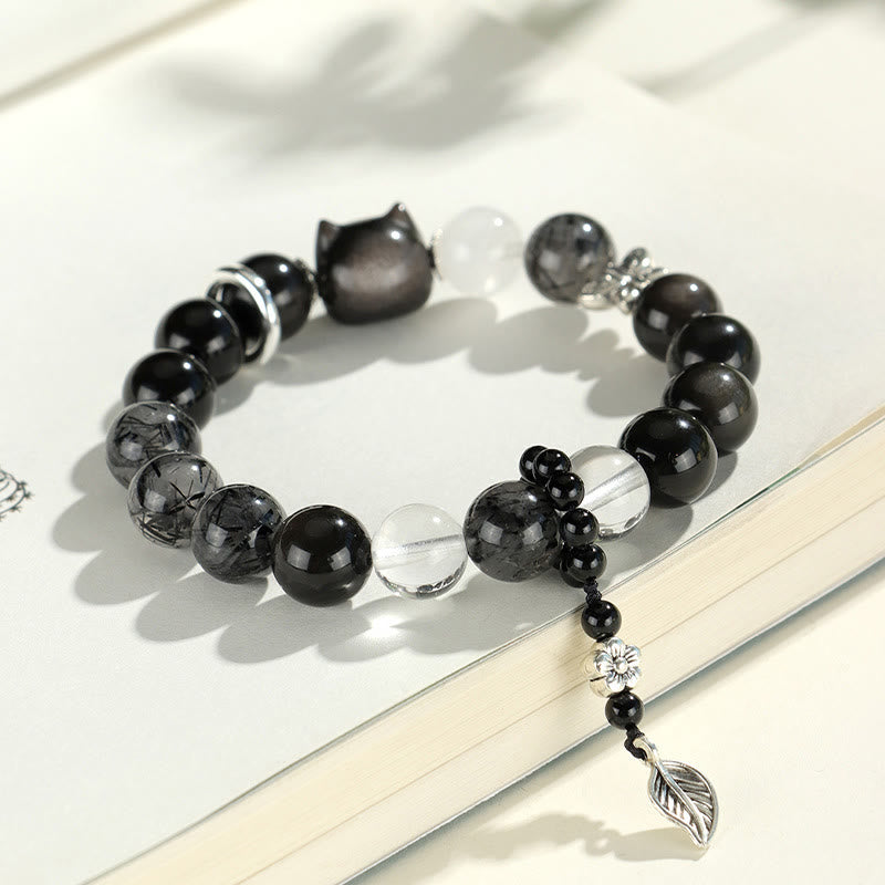 Natural Silver Sheen Obsidian Cat Head Fox Planet Protection Bracelet