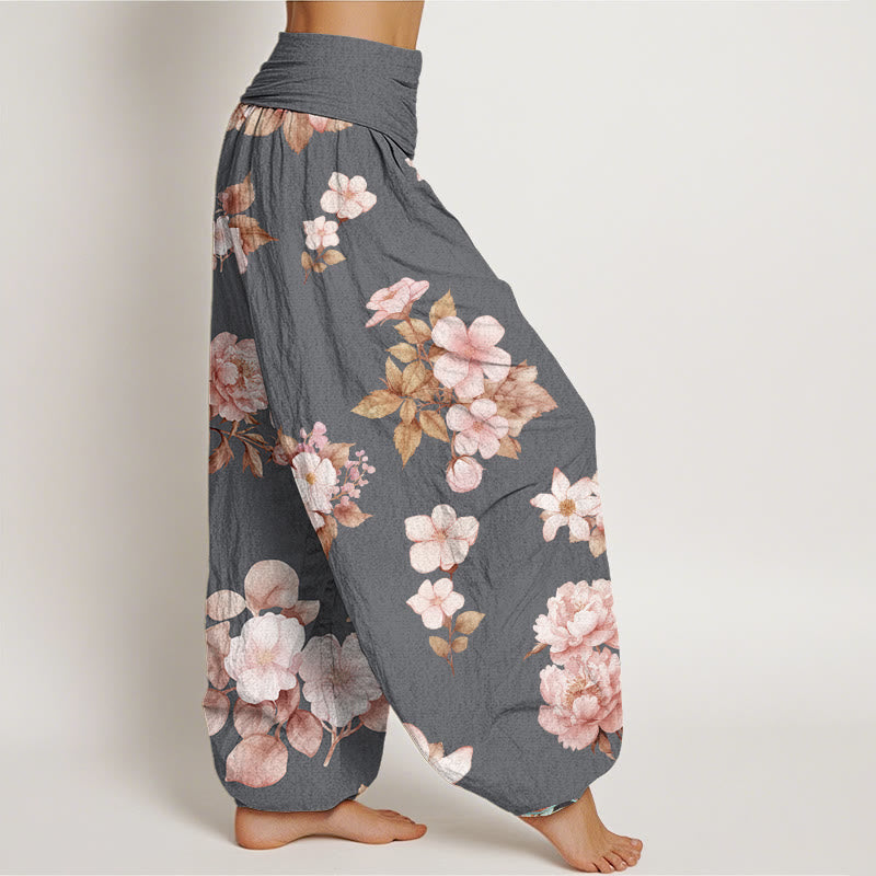 Peony White Flowers Pattern Design Women's Elastic Waist Harem Pants