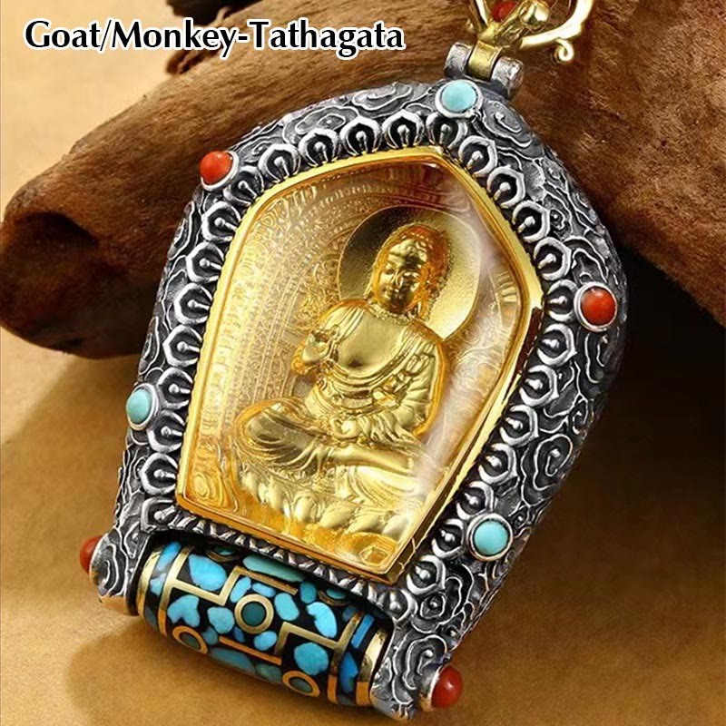 Tibet Chinese Zodiac Natal mystic zen Thangka Prosperity Rotatable Dzi Bead Necklace Pendant