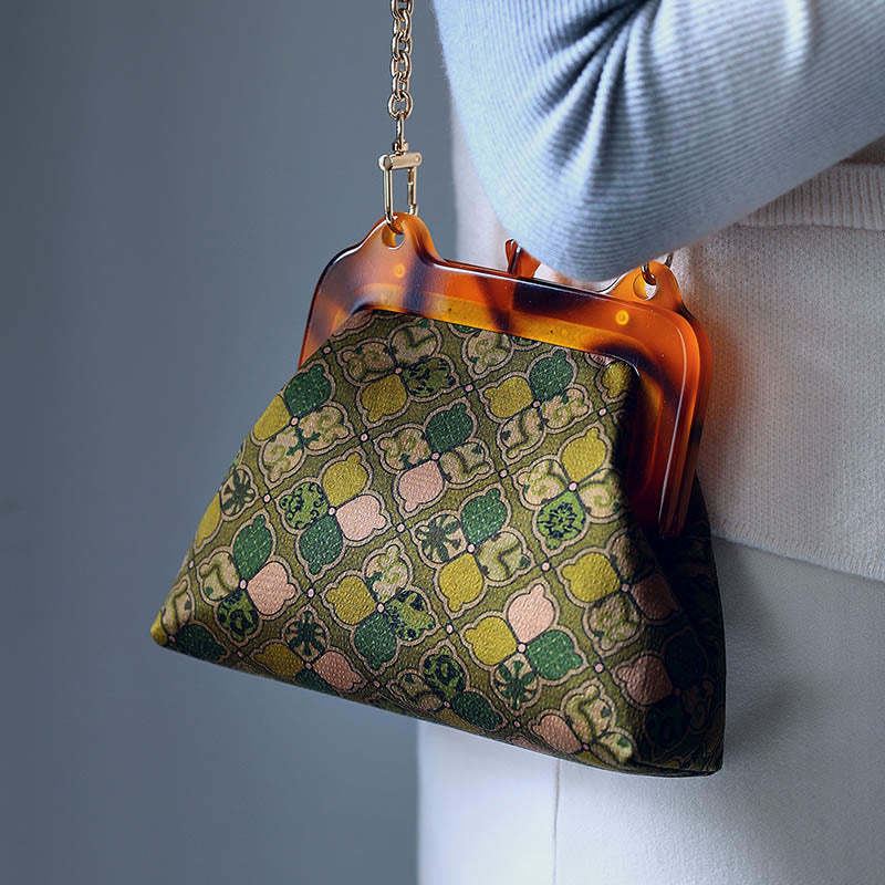 Green Leaves Handbag Metal Chain Crossbody Bag Shoulder Bag Cellphone Bag