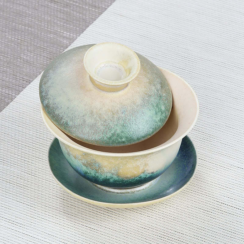 Green Ocean Waves Design Porcelain Ceramic Gaiwan Sancai Teacup Kung Fu Tea Cup And Saucer With Lid