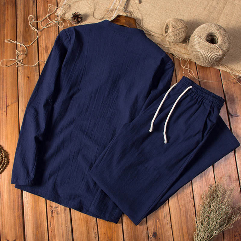 Pure Color Cotton Linen Long Sleeve Top Pants Clothing Men's Set