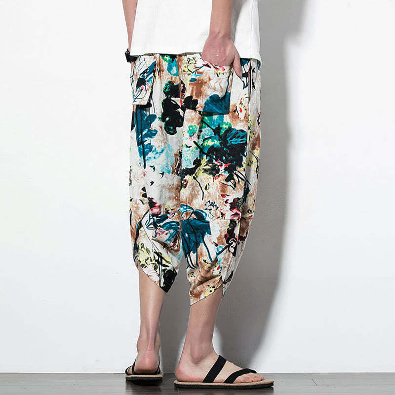Flowers Leaves Brown Blue Painting Print Cotton Men's Long Cropped Harem Pants With Pockets