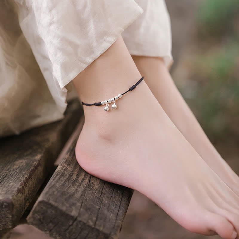 925 Sterling Silver Red String Braid Bell Charm Anklet