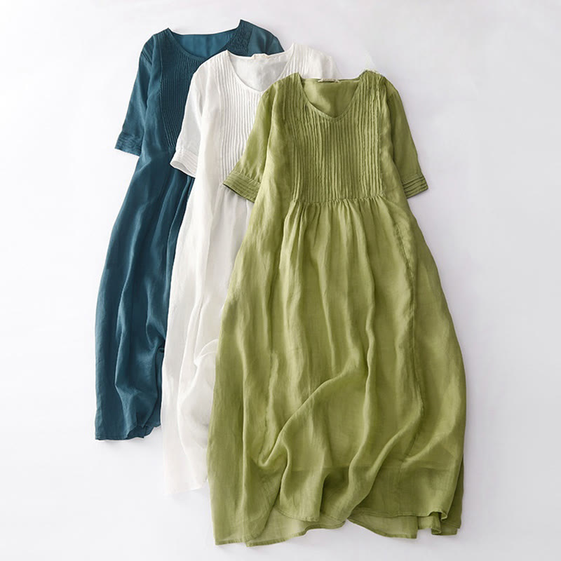Casual Accordion Pleat Plain V-neck Short Sleeve Linen Midi Dress With Pockets