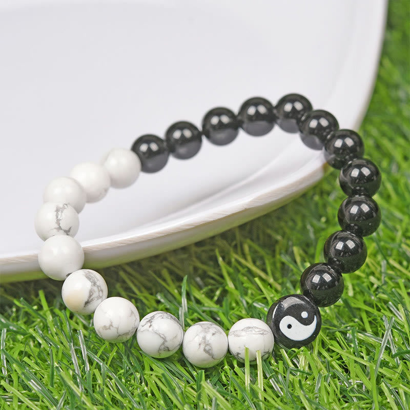 Natural Obsidian White Turquoise Yinyang Tai Chi Strength Bracelet