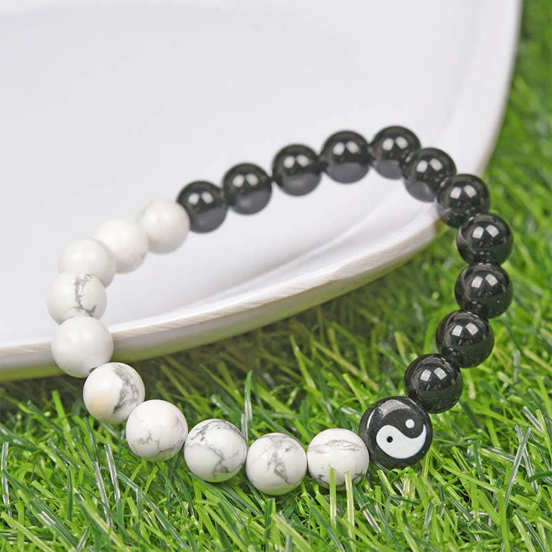 Natural Obsidian White Turquoise Yinyang Tai Chi Strength Bracelet