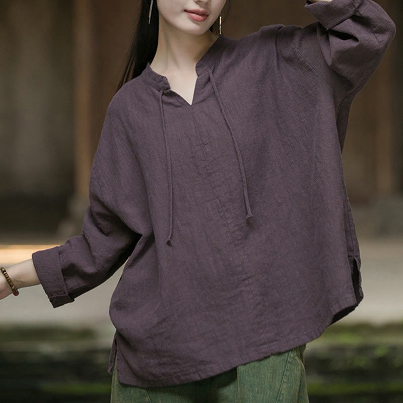 Retro Solid Color Long Sleeve Ramie Linen Women's Shirt