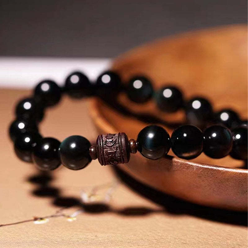 Natural Gold Sheen Obsidian Rainbow Obsidian Om Mani Padme Hum Fu Character Healing Bracelet