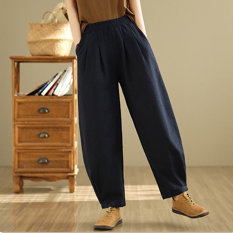 Casual Solid Color Tapered Elastic Waistband Cotton Linen Women's Pants With Pockets