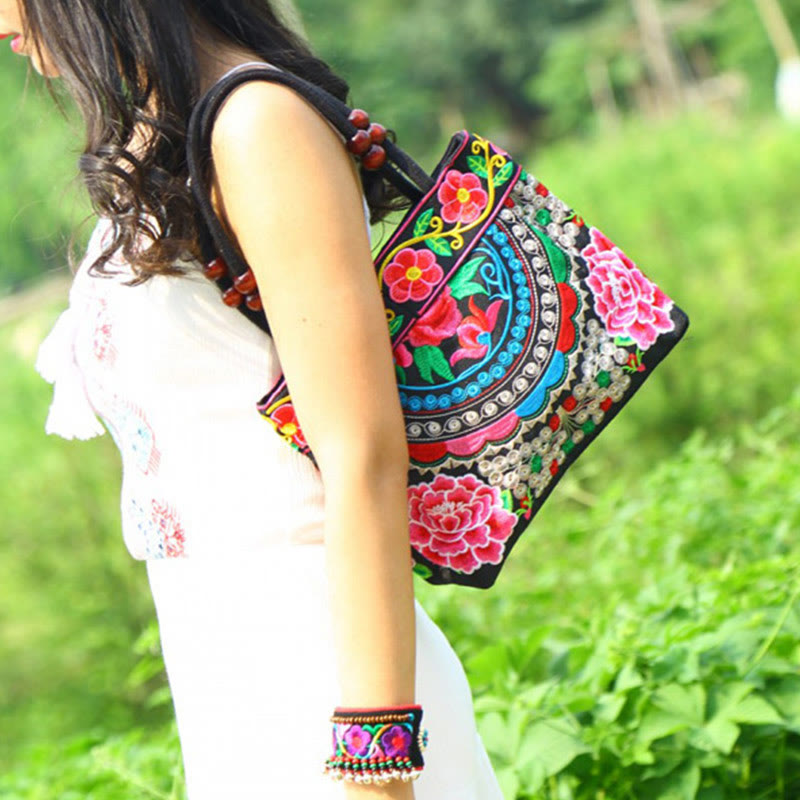 Money Tree Peony Phoenix Apple Blossom Double-Sided Embroidery Cotton Canvas Shopping Purse Handbag