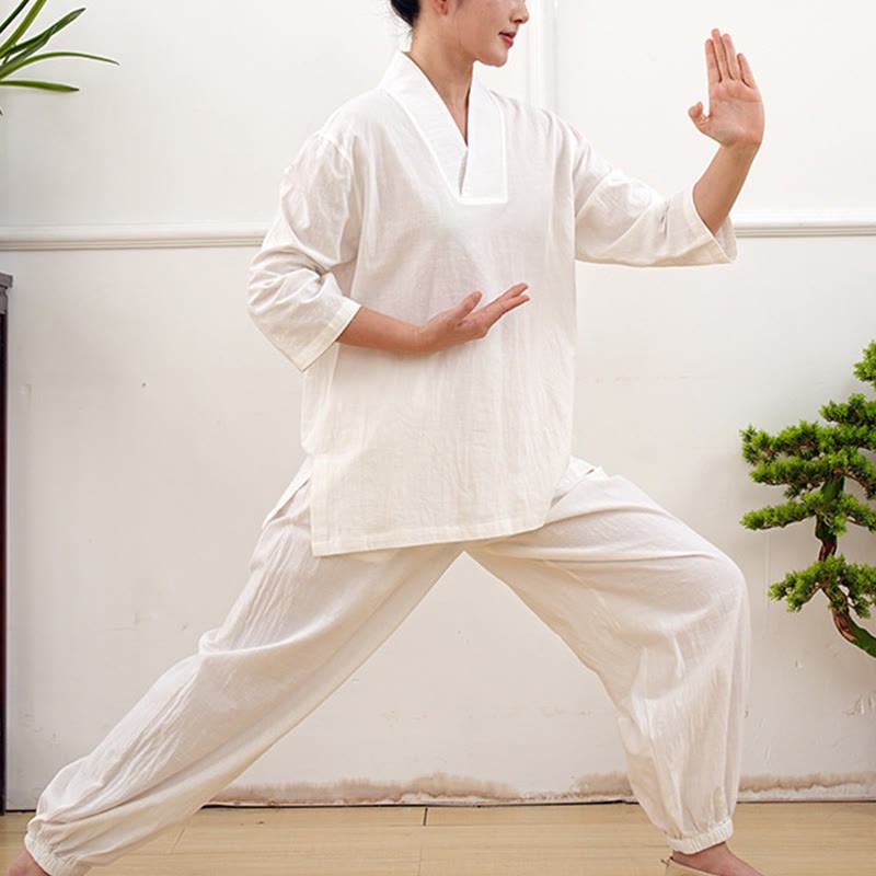 2Pcs V-Neck Three Quarter Sleeve Shirt Top Pants Meditation Zen Tai Chi Cotton Linen Clothing Women's Set