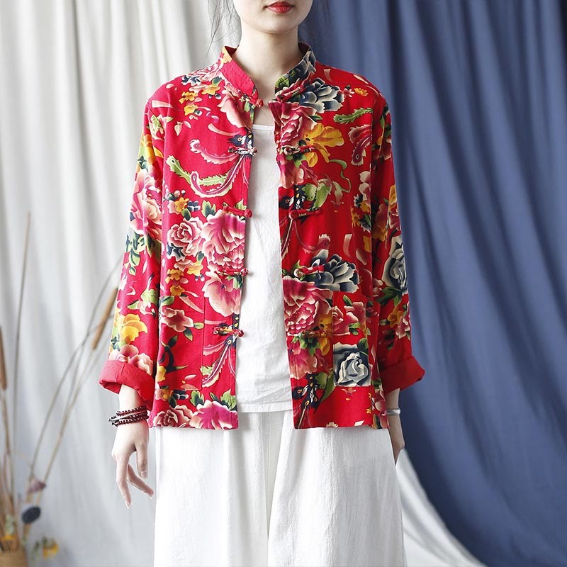 Ethnic Red Flower Peony Frog-Button Cotton Linen Long Sleeve Shirt Jacket With Pockets