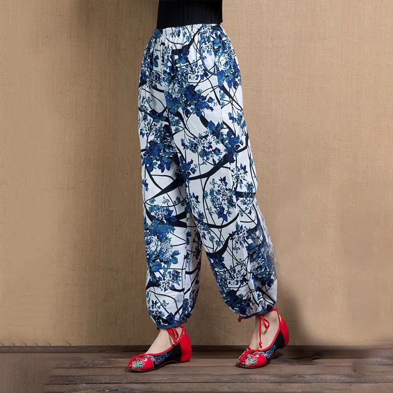 Blue Tree Flowers Print Harem Pants With Pockets