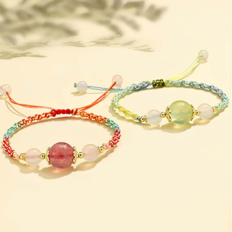 Strawberry Quartz Pink Crystal Prehnite White Agate Bead Healing Rope Bracelet