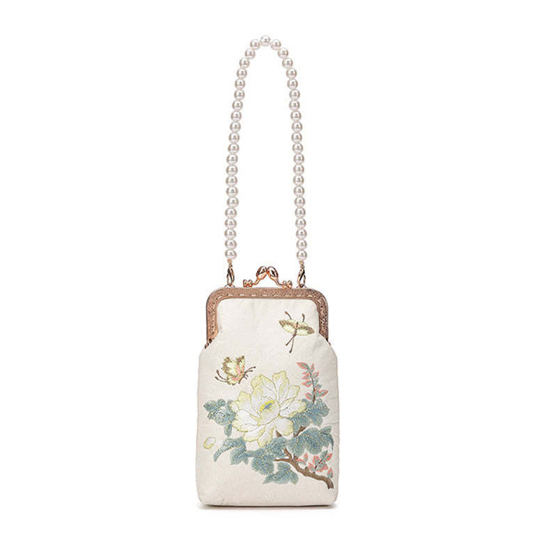Small Flowers Butterfly Embroidered Pearl Metal Chain Shoulder Bag Crossbody Handbag Cellphone Bag